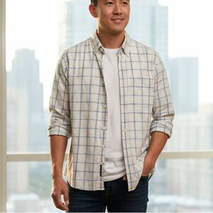 Zara Men's Blue and White Check Shirt Cotton Poly Linen Blend Size M